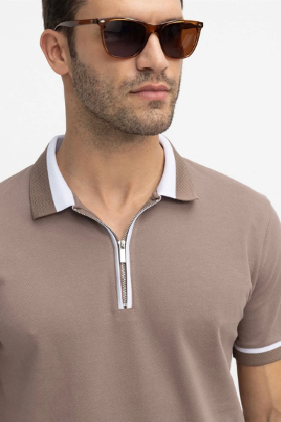 Beige Polo with Zipper | Cotton